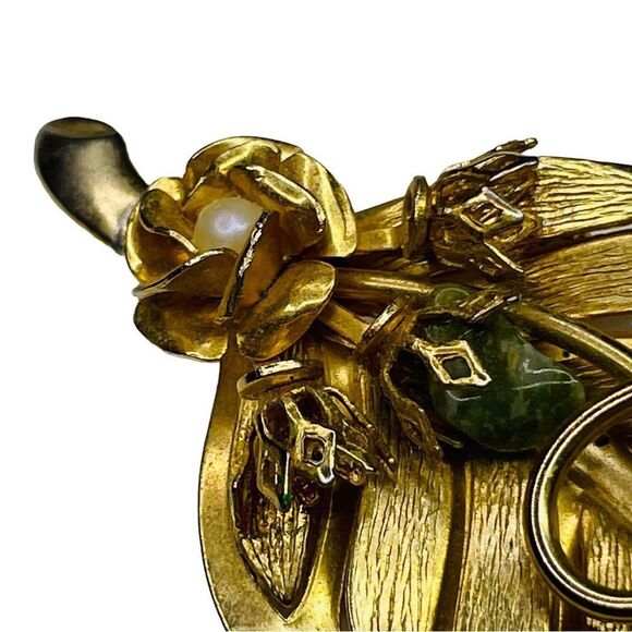 Vintage Gold Leaf Pin Inlaid with Pearl & Jade - Picture 3 of 7
